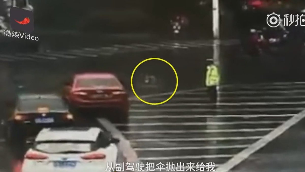 Kind driver in China tosses umbrella to traffic cop on duty in the rain
