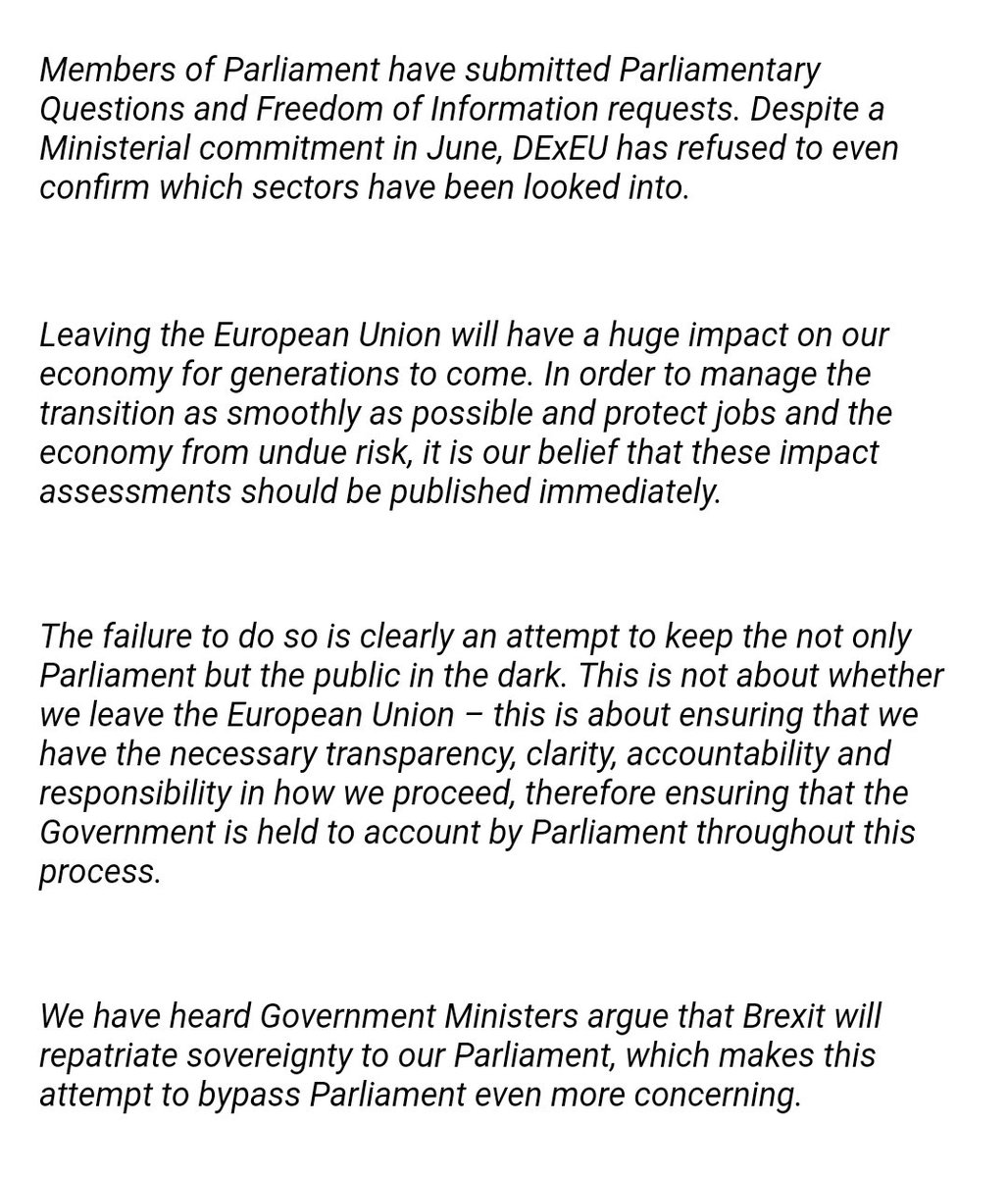 RT @IanDunt: 120 MPs sign letter to David Davis demanding govt publish Brexit impact assessments https://t.co/BA19wGbnBK