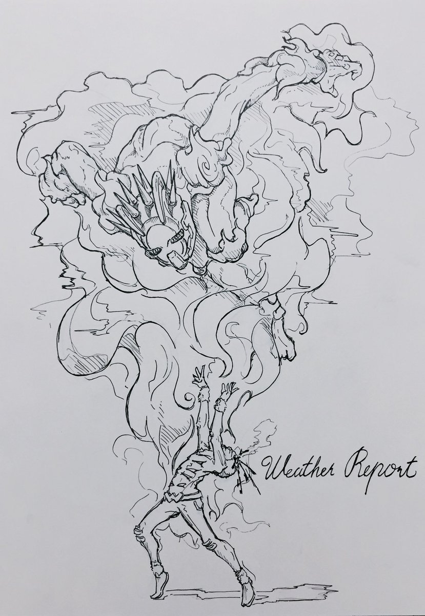 久々にジョジョの絵を描いた。ゴッホと絡み中に撃たれた苦し紛れで超広範囲攻撃やっちゃうウェザーリポート。 久々にジョジョの絵を描いた。ゴッホと絡み中に撃たれた苦し紛れで超広範囲攻撃やっちゃうウェザーリポート。