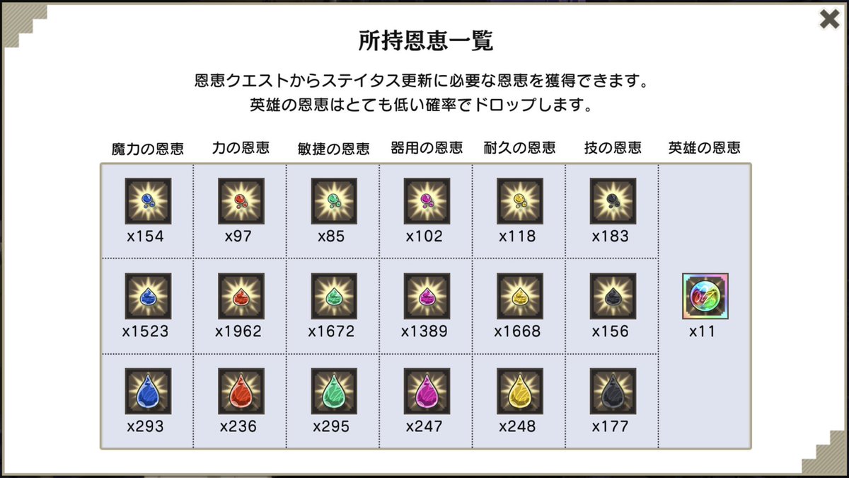 恩恵周回やっぱりこれくらい落ちるけどなぁ。 #ダンメモ #ダンまち 恩恵周回やっぱりこれくらい落ちるけどなぁ。 #ダンメモ #ダンまち
