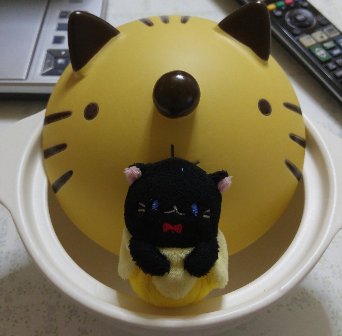 今日買ったもの😆💙トラネコの1人用の土鍋と黒猫のばなにゃっていうマスコット🐱でかいひよこのがま口(デカすぎて使い方わかん 今日買ったもの😆💙トラネコの1人用の土鍋と黒猫のばなにゃっていうマスコット🐱でかいひよこのがま口(デカすぎて使い方わかん