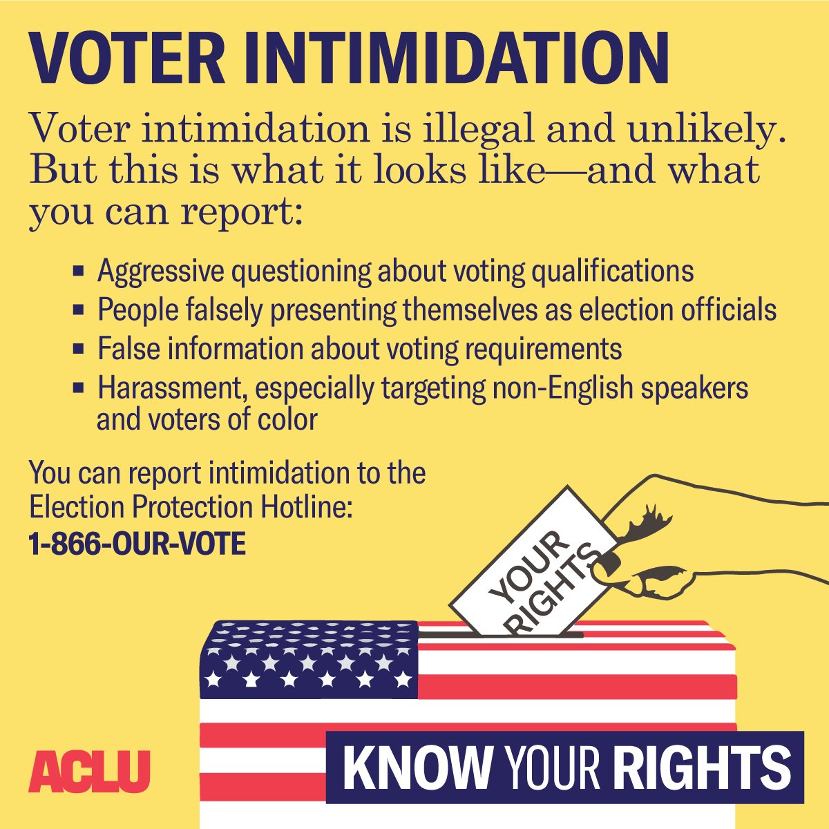 RT @ACLU: Today is #ElectionDay — know how to spot voter intimidation and what to do if it happens. https://t.co/7WOpDkkccg