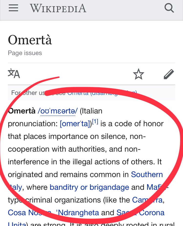Omertà: non interference in the illegal actions of others. https://t.co/WGpxPNSo9u