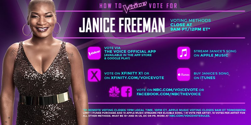 RT @NBCTheVoice: RT if you’re still speechless and giving your votes to @janice_freeman tonight. #VoiceTop11 https://t.co/KkccbozDul