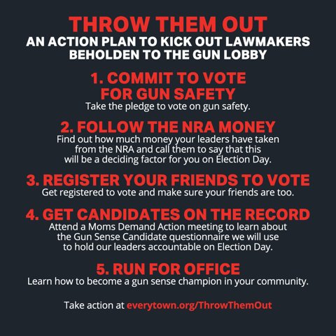 Five actions! You can take! Let’s #ThrowThemOut #BuhByeNRA Join meJoin me: https://t.co/k4kAGvjp4i  @Everytown https://t.co/tJnNvxtbGM
