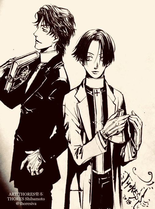 【THORES柴本画】『バチカン奇跡調査官』ロベルト&平賀新刊向け色紙での説明に入れていた僧衣の中の服で、其の儘 【THORES柴本画】『バチカン奇跡調査官』ロベルト&平賀新刊向け色紙での説明に入れていた僧衣の中の服で、其の儘