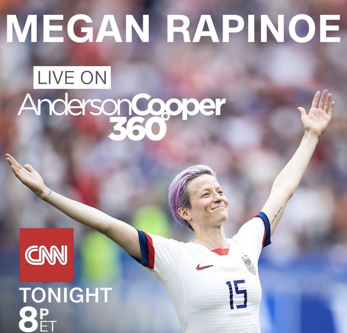 excited to interview #MeganRapinoe live tonight on @AC360 8pm. what questions would you ask her? 