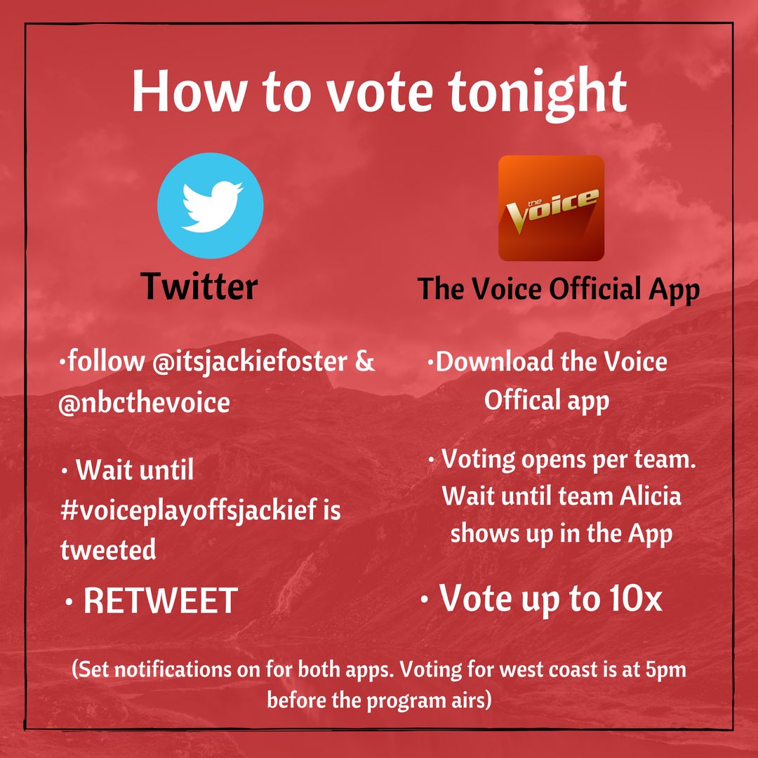 RT @itsjackiefoster: QUICK AND EASY HOW TO VOTE
Tonight is the nights :) Get ready #voiceplayoffs https://t.co/bf0EIW85mU