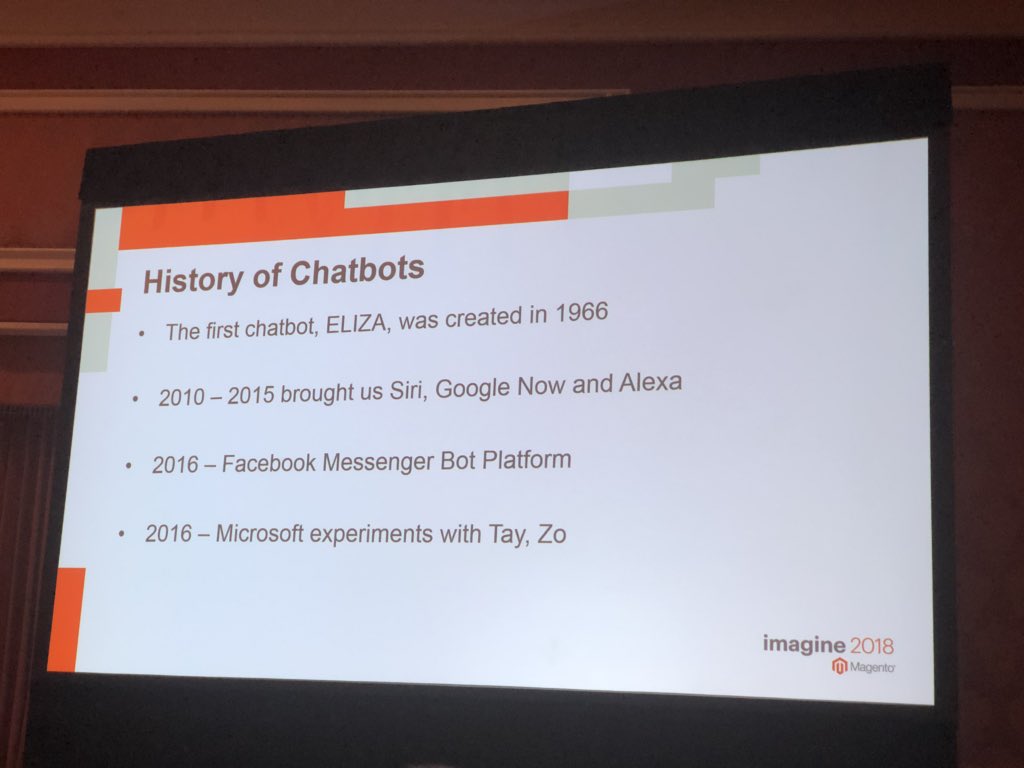 alexanderdamm: History of Chatbots: First Chatbot was built in 1966! #MagentoImagine #magento #chatbots https://t.co/OAIws6qoWR