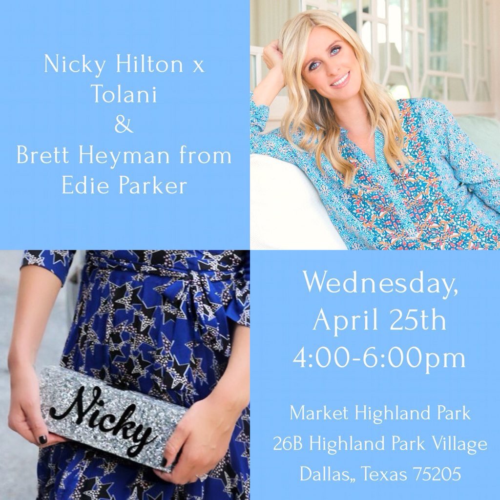 RT @NickyHilton: Excited for my #Dallas trunk show this Wednesday April 25th @MarketHPVillage! #NHxTolani https://t.co/MTYjR8YWEl