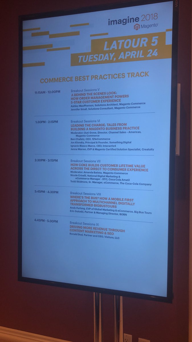AmandaF_Batista: Join me and @toddskid and Nicole Crivelli of @CocaColaCo in LaTour 5! Session starts in 10 minutes! #MagentoImagine https://t.co/BxqlybYff8