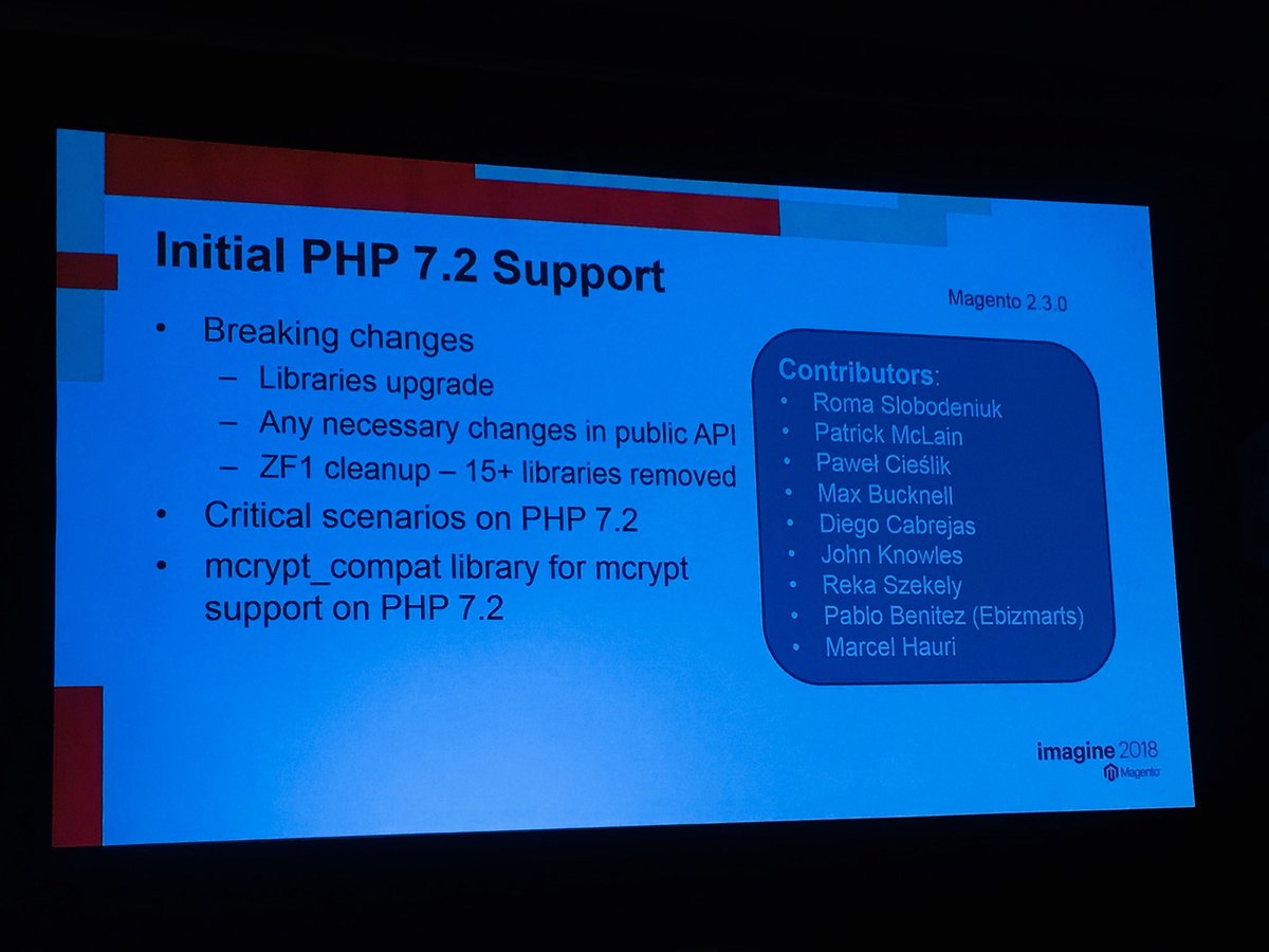 natashagreeny: Proud moment seeing my man’s name on the slides as a contributor for PHP 7.2 support on M2.3! @knowj #MagentoImagine https://t.co/faK8yftFx6