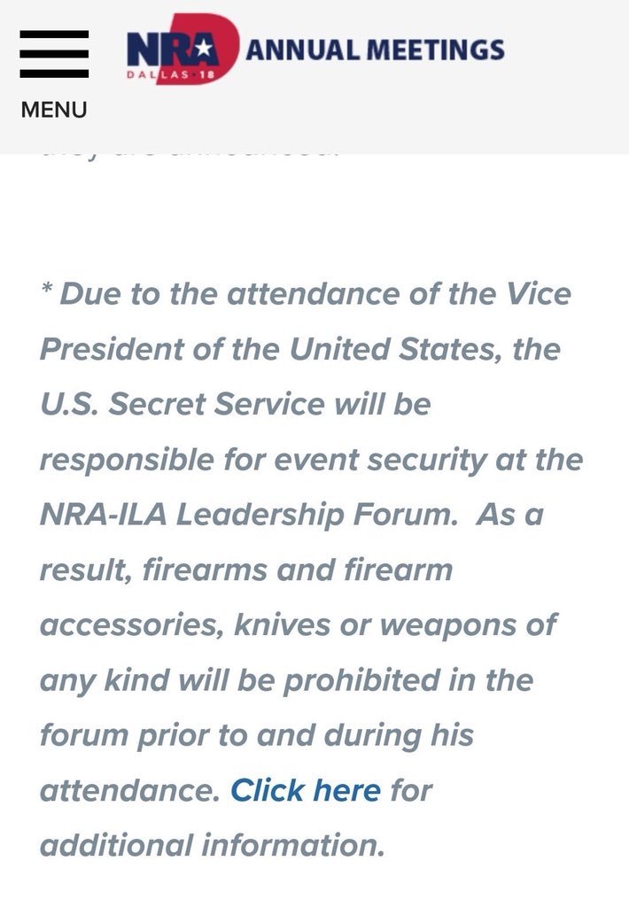 Guns have been banned from the NRA’s own convention. 

(Insert “more guns not less guns” joke here.) https://t.co/vx6NrrqB4o