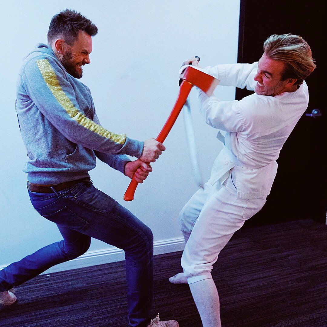 Ax vs. sword... not even my lucky tights could save me.  Now we know. @JoelMcHaleShow streaming now on #netflix 😎 