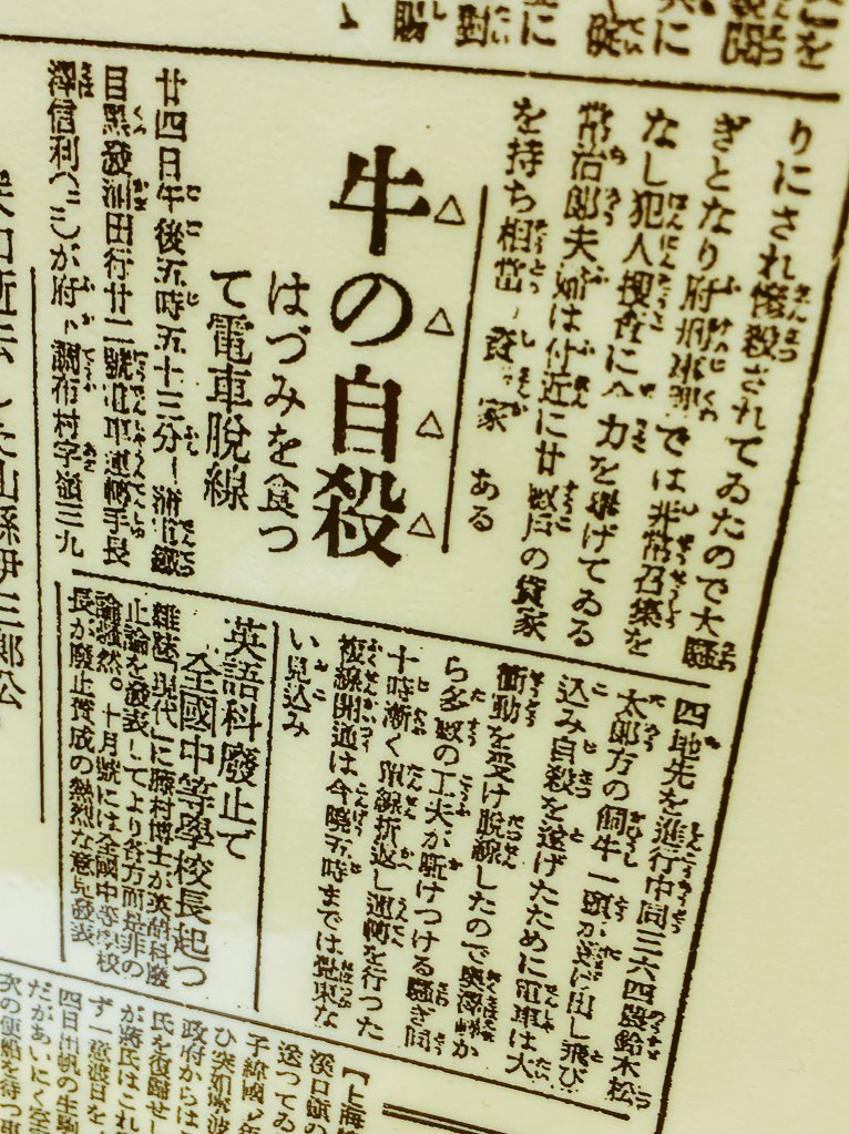 昭和2年9月25日付『東京日日新聞』の記事「牛の自殺 はづみを食つて電車脱線」。「鈴木松太郎方の飼牛一頭が逃げ出し飛び 昭和2年9月25日付『東京日日新聞』の記事「牛の自殺 はづみを食つて電車脱線」。「鈴木松太郎方の飼牛一頭が逃げ出し飛び