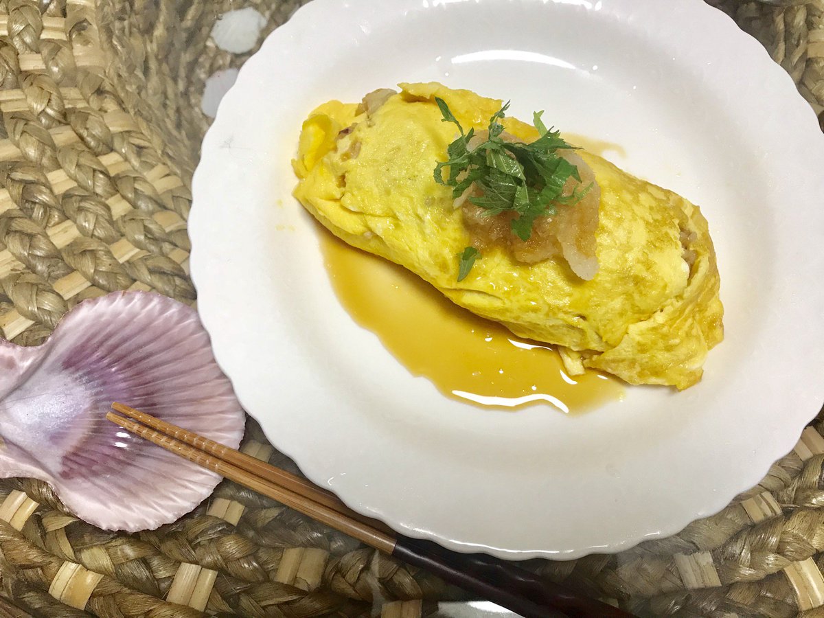 かくりよの宿飯からの和風オムライス🍴初めて作ったオムライスにしては 上出来だ☺️✨ かくりよの宿飯からの和風オムライス🍴初めて作ったオムライスにしては 上出来だ☺️✨