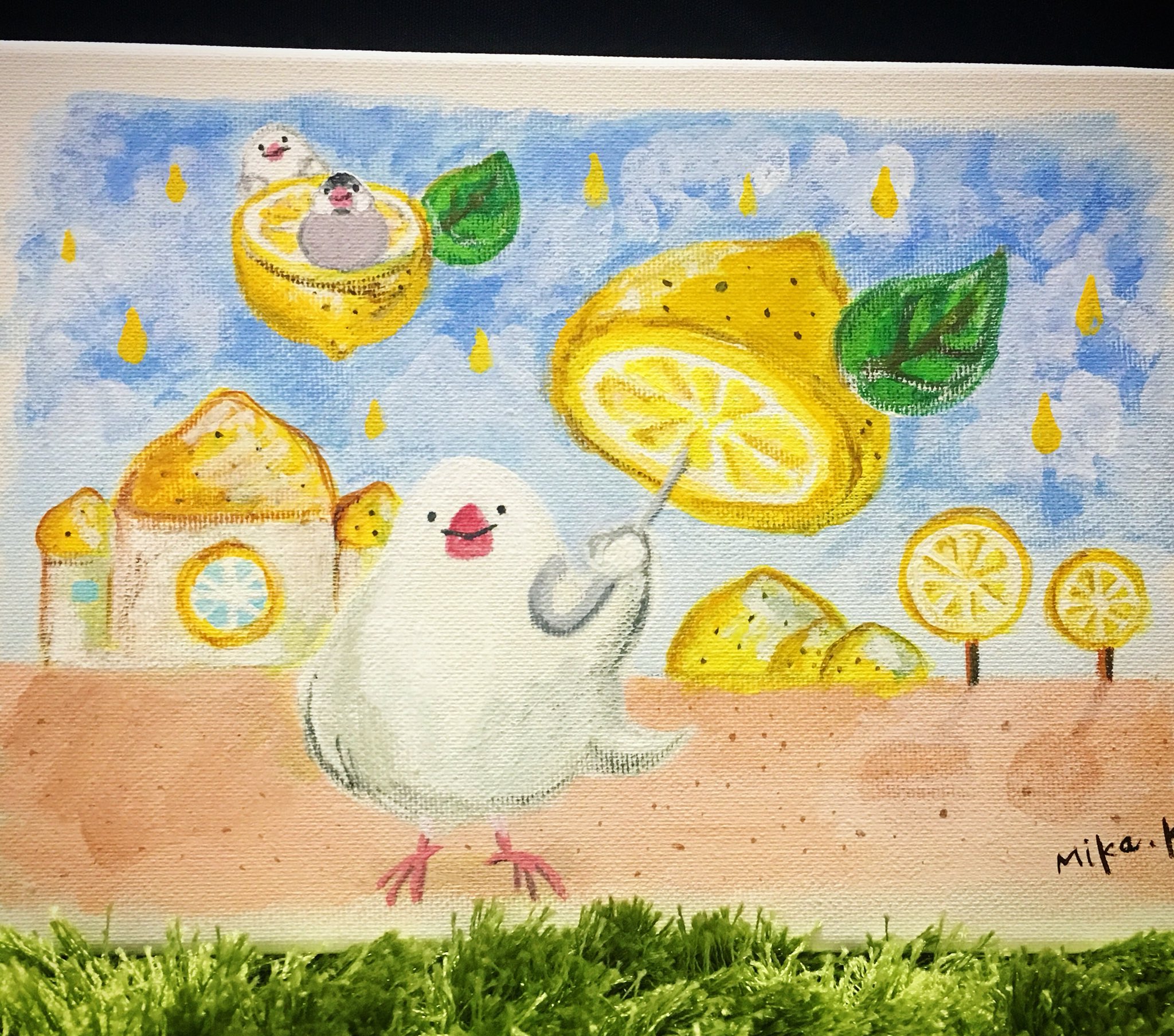 文鳥 In テーマ レモン村の梅雨 文鳥 レモン イラスト 真夏のデザインフェスタ キャンバス アクリル