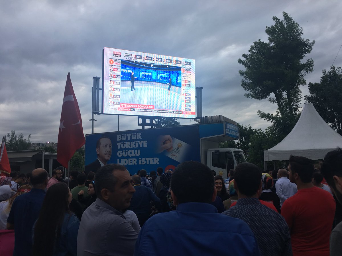 Spänd väntan på resultatet på AKPs huvudkontor i Istanbul. På gatorna tutas och firas det redan. 