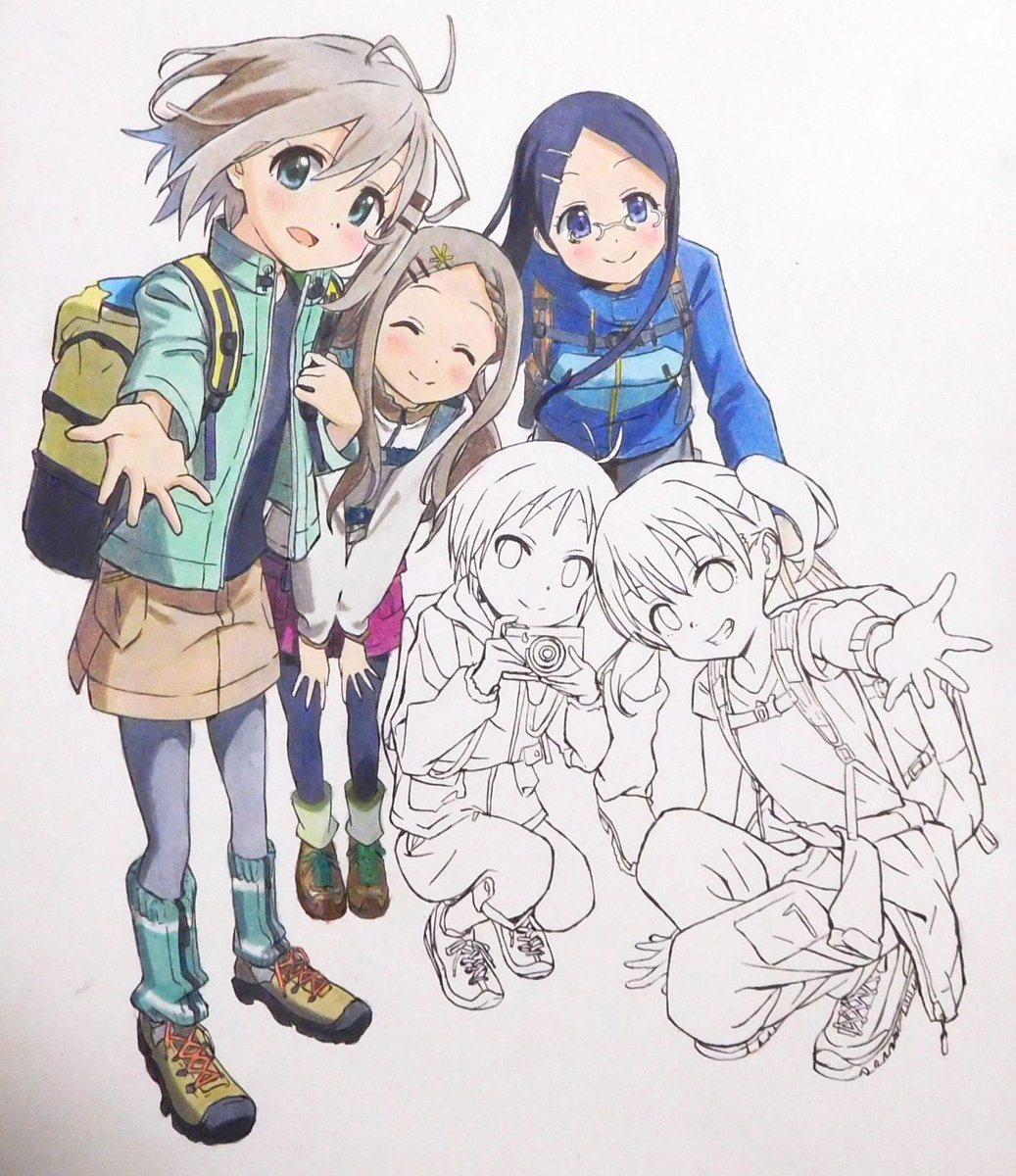 今日の模写動画撮影が終わりました。『ヤマノススメ サードシーズン キービジュアル』は後列の3人が塗れました。ところどころ 今日の模写動画撮影が終わりました。『ヤマノススメ サードシーズン キービジュアル』は後列の3人が塗れました。ところどころ