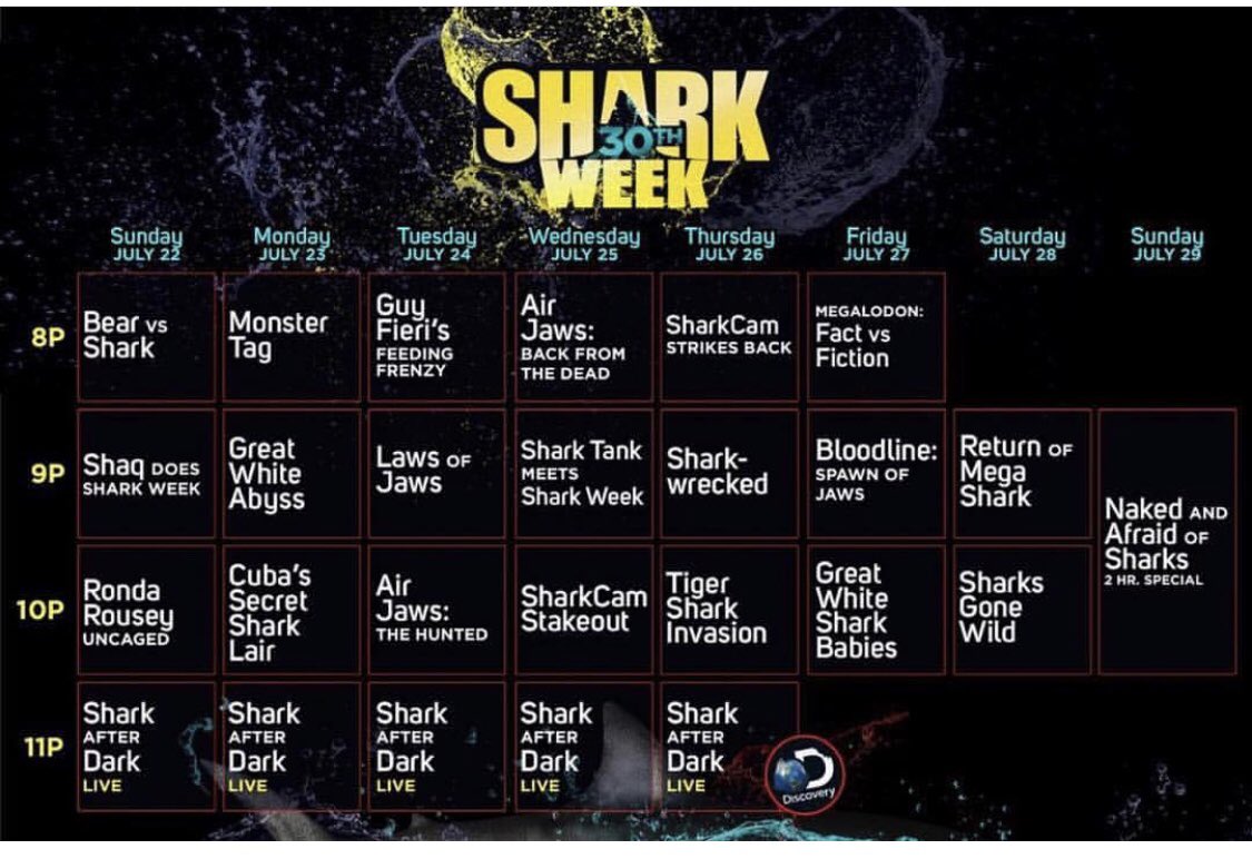 Here’s the @sharkweek 30th anniversary lineup - starting TONIGHT!!! https://t.co/AFSO5ibHXt