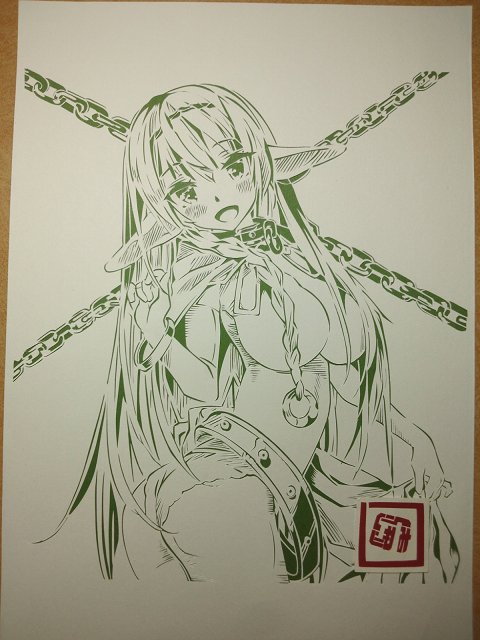 アニメ「異世界魔王と召喚少女の奴隷魔術」のエンディングイラスト(ワンランク上ver.)のシエラ・Lグリーンウッドを切り絵 アニメ「異世界魔王と召喚少女の奴隷魔術」のエンディングイラスト(ワンランク上ver.)のシエラ・Lグリーンウッドを切り絵