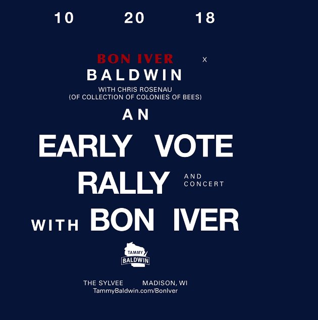 RT @brooklynvegan: Bon Iver playing Tammy Baldwin early vote rally in Wisconsin https://t.co/7hjgD6IjJt https://t.co/bIdSyhdLV4