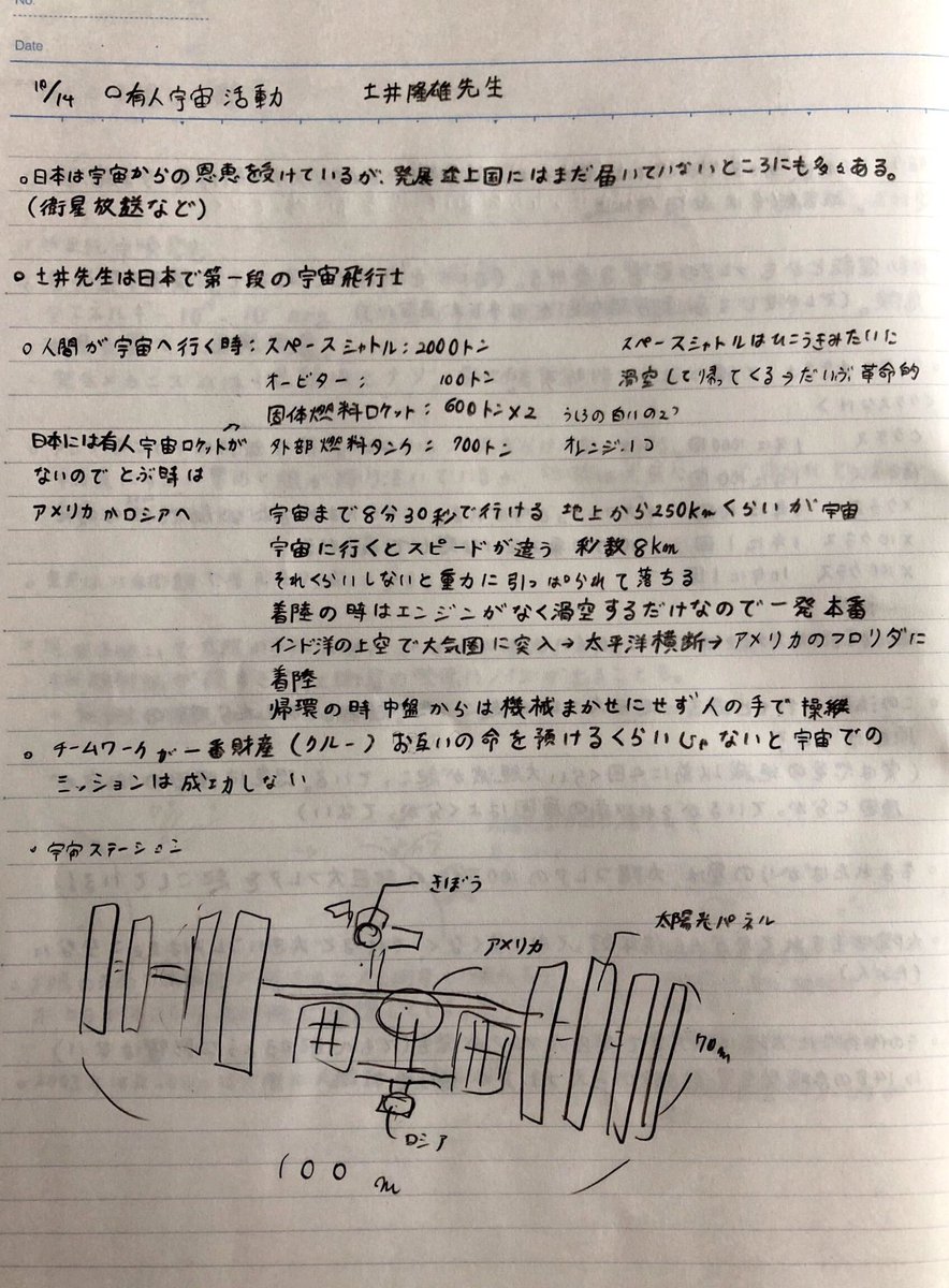 本日授業で宇宙飛行士の土井隆雄さんのお話を聞く事ができました!!!!!!!!!宇宙兄弟読んでたけどやっぱり知らない知識も 本日授業で宇宙飛行士の土井隆雄さんのお話を聞く事ができました!!!!!!!!!宇宙兄弟読んでたけどやっぱり知らない知識も