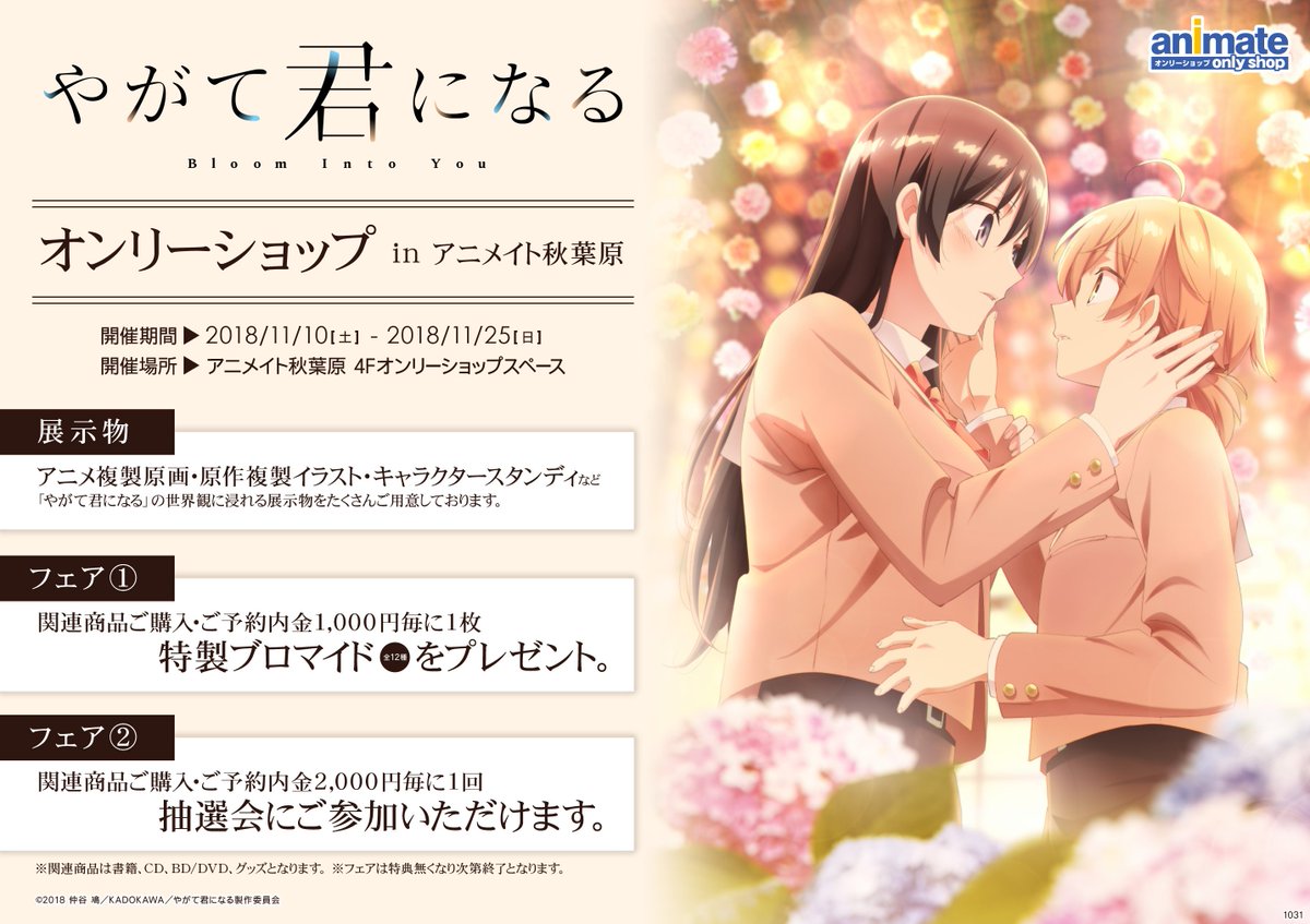 【好評開催中!】4階にて『「やがて君になる」オンリーショップinアニメイト秋葉原』が開催中!会場内には豪華な展示物が盛り 【好評開催中!】4階にて『「やがて君になる」オンリーショップinアニメイト秋葉原』が開催中!会場内には豪華な展示物が盛り