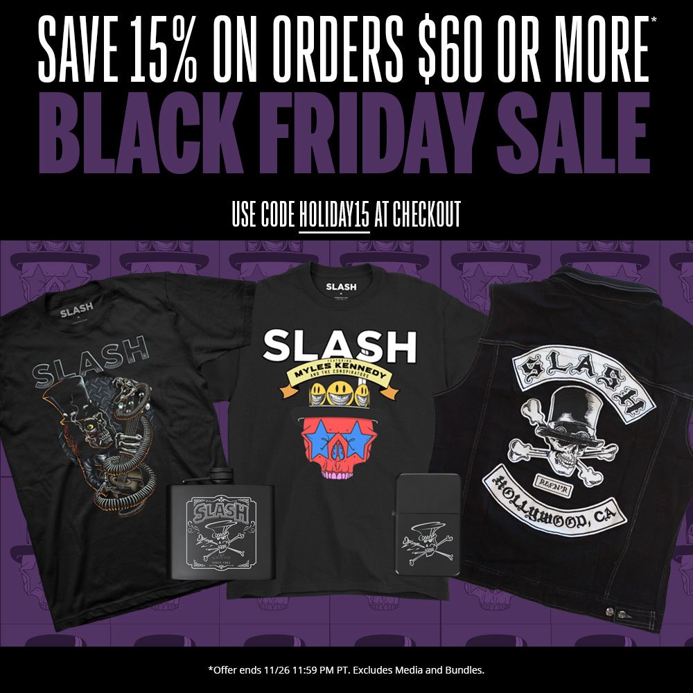 Save 15% on orders $60 or more in the Slash merch store for Black Friday. https://t.co/DsHttU4dg2 #slashnews https://t.co/LTTVdVCrkX