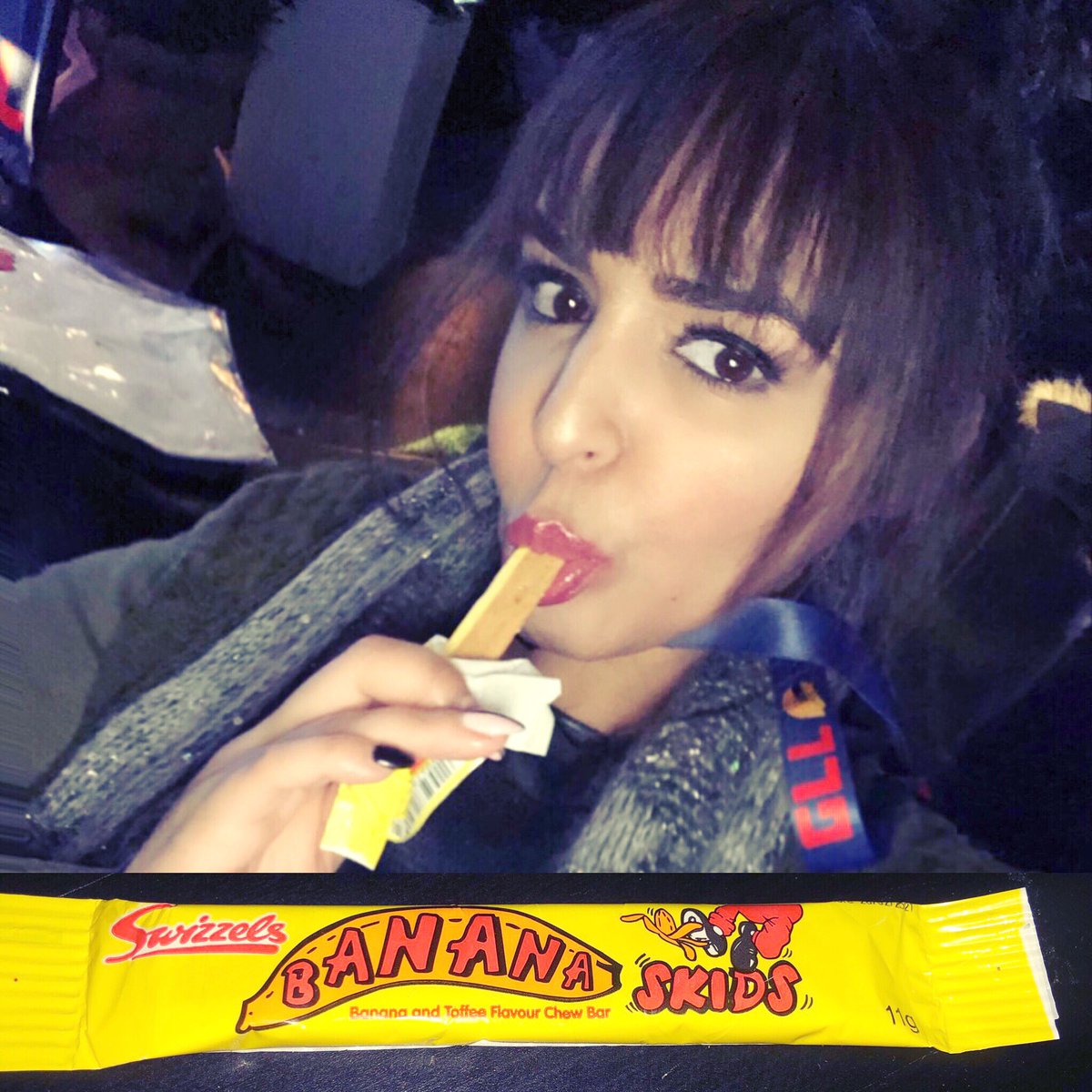 Backstage @globallootleague trying some Swedish sweeties “banana skids” banana and toffee yummy ???? very chewy ???? https://t.co/EJS2weW2NX