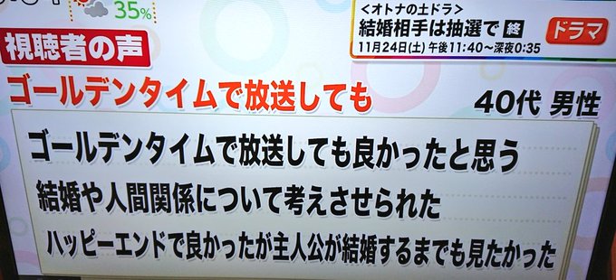 フジテレビ批評で「結婚相手は抽選で」好評のコメント✨ゴールデンタイムで放送してほしかった!まさに同感です!!今日からない フジテレビ批評で「結婚相手は抽選で」好評のコメント✨ゴールデンタイムで放送してほしかった!まさに同感です!!今日からない