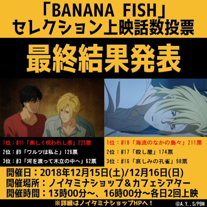 🎉「BANANA FISH」セレクション上映会 最終結果発表🎉皆様からの投票により、上映話数が遂に決定しました✨1stシ 🎉「BANANA FISH」セレクション上映会 最終結果発表🎉皆様からの投票により、上映話数が遂に決定しました✨1stシ