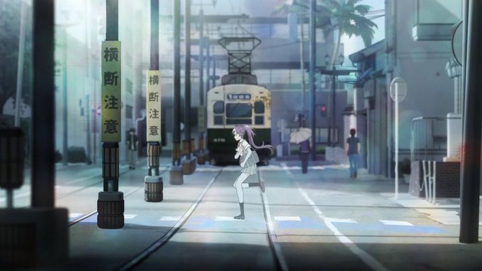『色づく世界の明日から』歌はもちろんオープニングアニメのその美しくて綺麗な画に息を飲みます線路を横切る琥珀さんがクルッと 『色づく世界の明日から』歌はもちろんオープニングアニメのその美しくて綺麗な画に息を飲みます線路を横切る琥珀さんがクルッと