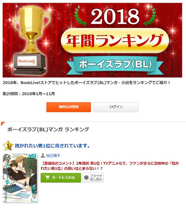 なんだってーーー⁉️⁉️⁉️ BookLive!さんの2018年年間BLコミックランキングも1位ですとー😇🎊 皆々様、あ なんだってーーー⁉️⁉️⁉️ BookLive!さんの2018年年間BLコミックランキングも1位ですとー😇🎊 皆々様、あ