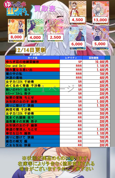 WS担当です!本日発売のゆらぎ荘の幽奈さん買取表作成しました!開幕でSPがほぼなくなってしまったので買取大募集中です!買 WS担当です!本日発売のゆらぎ荘の幽奈さん買取表作成しました!開幕でSPがほぼなくなってしまったので買取大募集中です!買