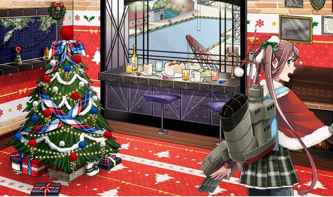 #艦これ限定衣装紹介。朝雲ちゃん、山雲ちゃん。サンタ帽子とトナカイ角の違いありますが、ポーズは同じですね。バーの料理も同 #艦これ限定衣装紹介。朝雲ちゃん、山雲ちゃん。サンタ帽子とトナカイ角の違いありますが、ポーズは同じですね。バーの料理も同