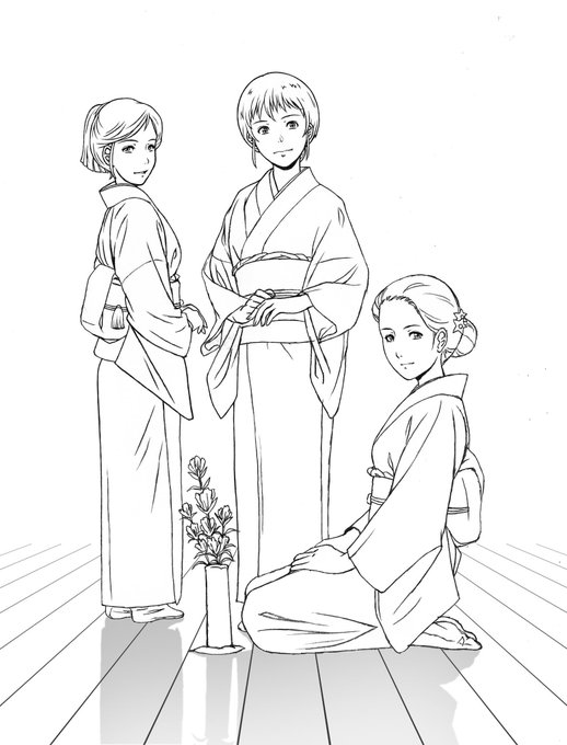 夕方から咲子、織子、峰子の女将三人の線画を進めた所で、本日はここまで。寝ます(^ ^; #若おかみは小学生 夕方から咲子、織子、峰子の女将三人の線画を進めた所で、本日はここまで。寝ます(^ ^; #若おかみは小学生