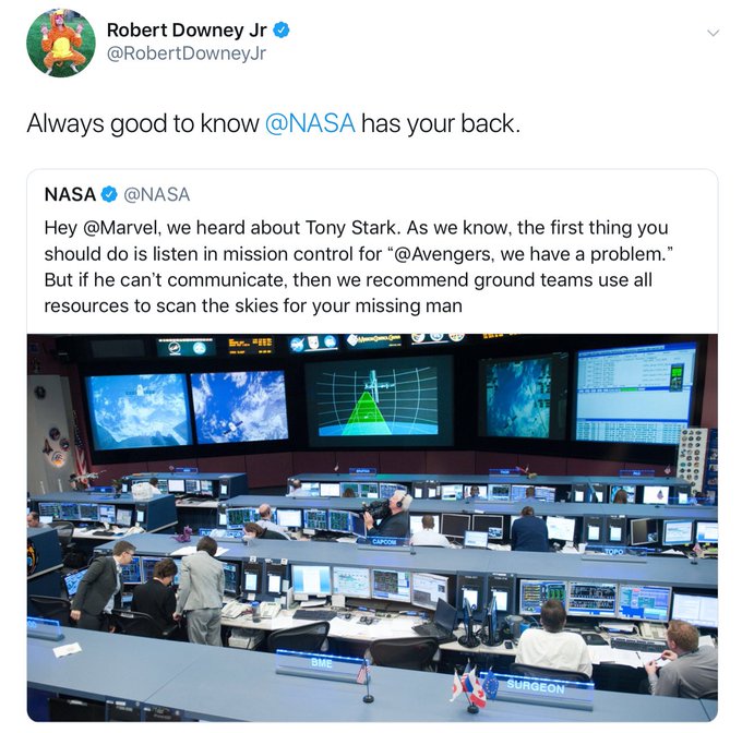 アベンジャーズ4 予告を受けてあのNASAのツイートにRDJが反応!NASA「我々地上班が宇宙で通信不能なトニー・スター アベンジャーズ4 予告を受けてあのNASAのツイートにRDJが反応!NASA「我々地上班が宇宙で通信不能なトニー・スター