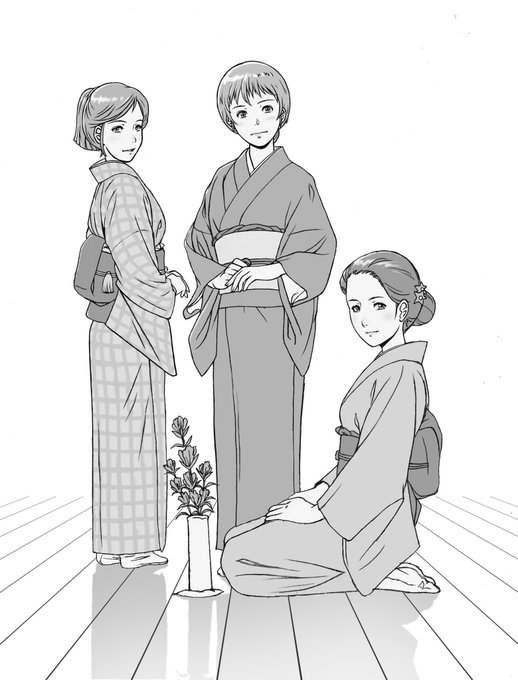 今朝は三人おかみの線画修正とベース塗りまで(^ ^; #若おかみは小学生 今朝は三人おかみの線画修正とベース塗りまで(^ ^; #若おかみは小学生