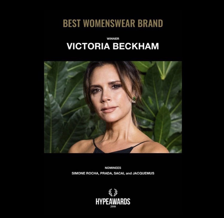 Thank you @HYPEBEAST for the #HB100 2018 award for best womenswear brand! X Kisses VB https://t.co/Ku2GYVJ5r2