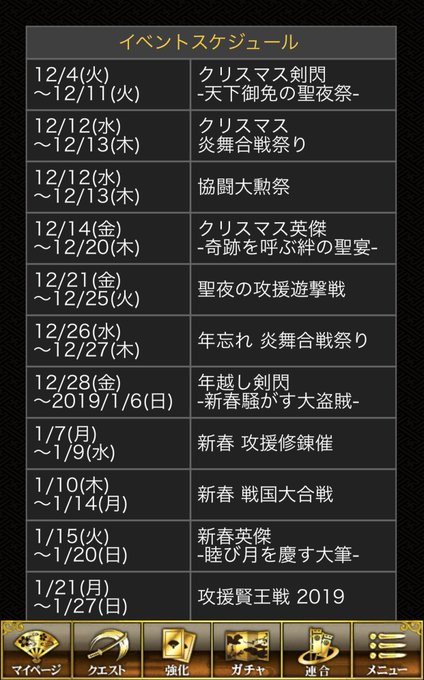 ガチャスケジュール(限りなく正解に近い妄想)12/19〜クリスマススペシャルチェンジガチャ12/20〜一騎当千ガチャ定常 ガチャスケジュール(限りなく正解に近い妄想)12/19〜クリスマススペシャルチェンジガチャ12/20〜一騎当千ガチャ定常