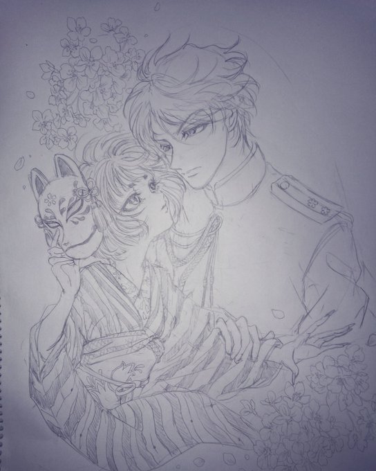 海軍さんと妖狐ちゃん。下絵完成ー。#オリジナルイラスト #下絵 海軍さんと妖狐ちゃん。下絵完成ー。#オリジナルイラスト #下絵