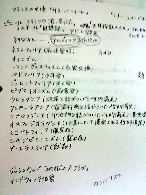 昔のノートを見返していたら性癖を色々メモしたページが。澁澤龍彦?読んで写してた。押見修造の「悪の華」の主人公のように学生 昔のノートを見返していたら性癖を色々メモしたページが。澁澤龍彦?読んで写してた。押見修造の「悪の華」の主人公のように学生
