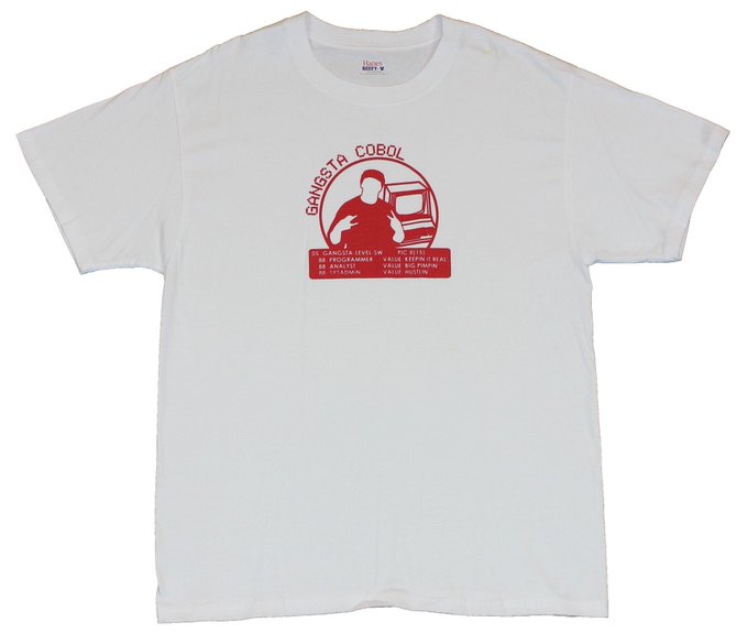 Gangsta COBOL。オールドスクール感たまらないけど、このTシャツ持ってるけどもう買えないのか。 Gangsta COBOL。オールドスクール感たまらないけど、このTシャツ持ってるけどもう買えないのか。