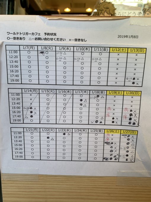 【ワールドトリガー カフェ】1月21日(月)12:00撮影の予約状況表です。添付写真はご自由にご活用ください。先週郵送対 【ワールドトリガー カフェ】1月21日(月)12:00撮影の予約状況表です。添付写真はご自由にご活用ください。先週郵送対