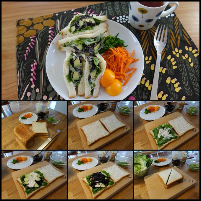 #カラパレ 手作りひじきサンド。サンドしている緑の部分はアボカドという解釈。ひじきは若干ツナ缶入ってます。美味しい。 #カラパレ 手作りひじきサンド。サンドしている緑の部分はアボカドという解釈。ひじきは若干ツナ缶入ってます。美味しい。
