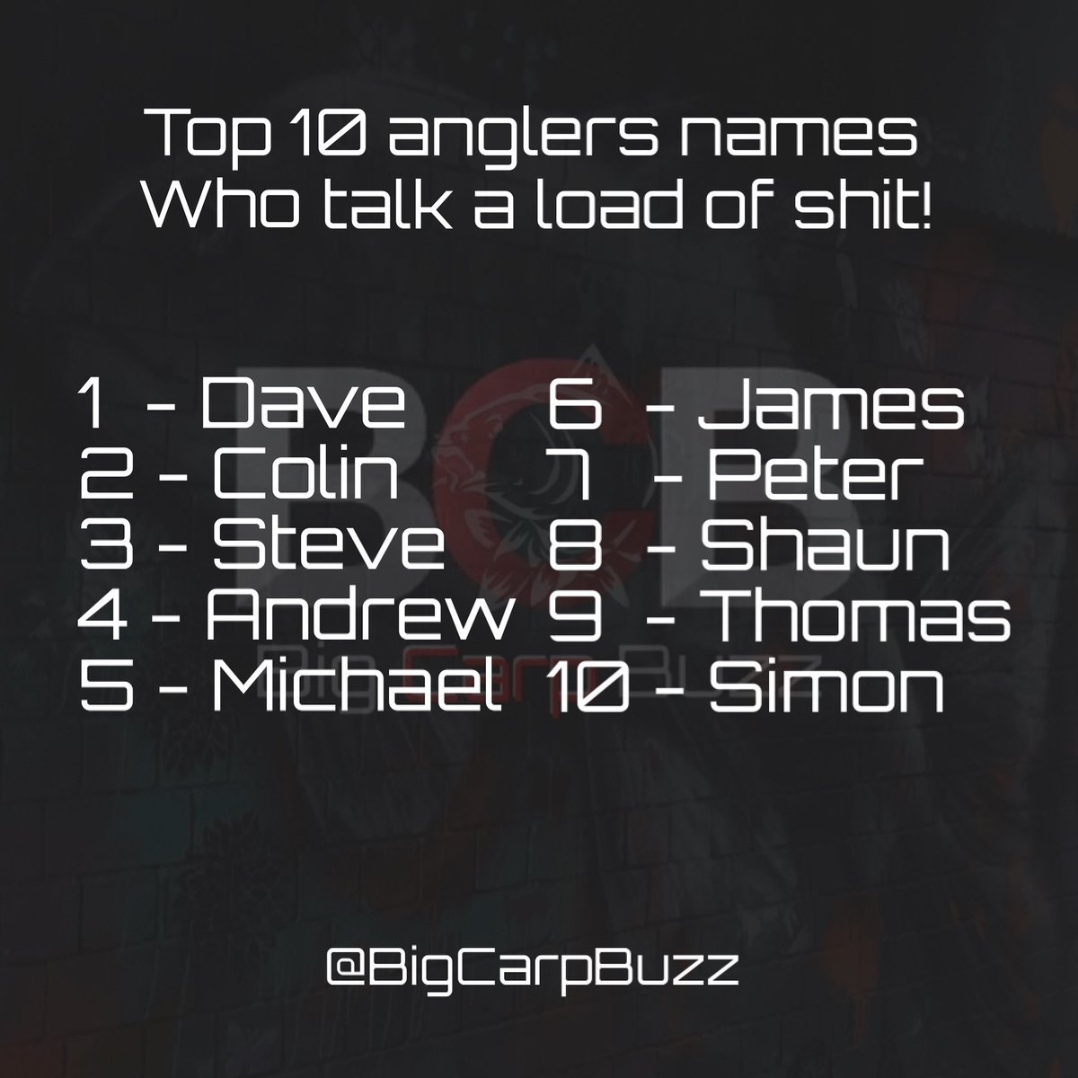 Top 10 anglers names that talk a load of s<b>Hit</b>!  @BigCarpBuzz 
#BigCarpBuzz #Carp #CarpFishing