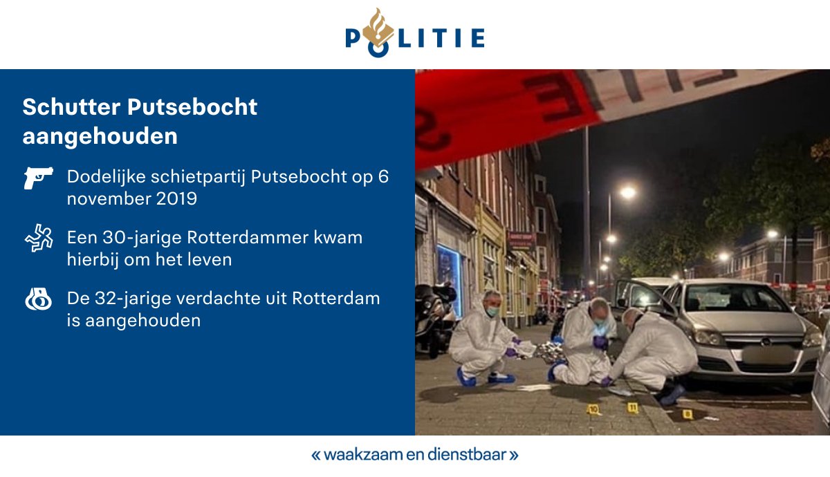 De 32-jarige #schutter uit #Rotterdam die ervan wordt verdacht een 30-jarige man te hebben doodgeschoten aan de #putsebocht op 6 november is gisteravond in een hotel in Delft aangehouden. Het #Arrestatieteam verrichte deze aanhouding. ..