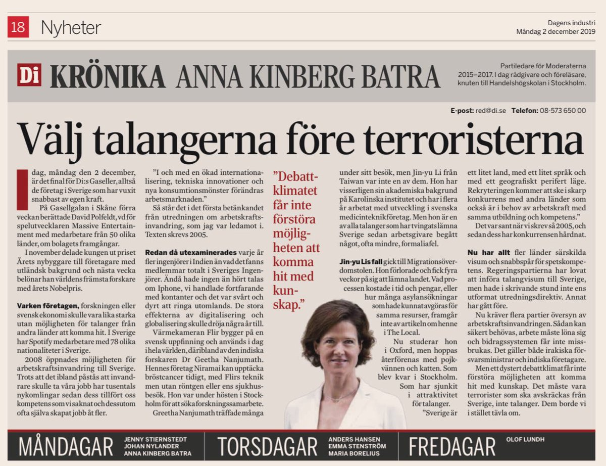 Ny krönika i @dagensindustri . Bort med terroristerna, inte talangerna! 