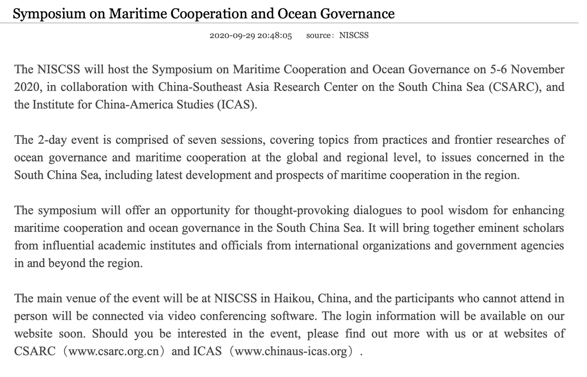 test Twitter Media - Upcoming Event: The NISCSS will host the Symposium on Maritime Cooperation and Ocean Governance on 5-6 November 2020, in collaboration with China-Southeast Asia Research Center on the South China Sea (CSARC), and the Institute for China-America Studies (ICAS). https://t.co/3tJPYyL5EB